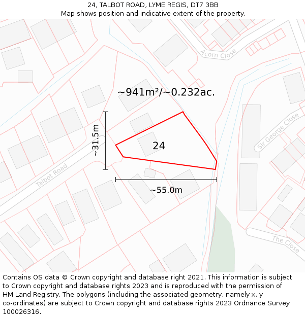 24, TALBOT ROAD, LYME REGIS, DT7 3BB: Plot and title map