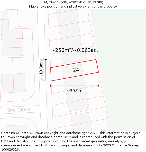 24, TAW CLOSE, WORTHING, BN13 3PQ: Plot and title map