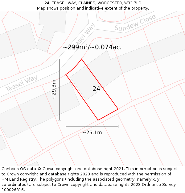 24, TEASEL WAY, CLAINES, WORCESTER, WR3 7LD: Plot and title map