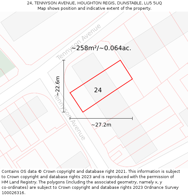 24, TENNYSON AVENUE, HOUGHTON REGIS, DUNSTABLE, LU5 5UQ: Plot and title map