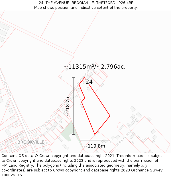 24, THE AVENUE, BROOKVILLE, THETFORD, IP26 4RF: Plot and title map