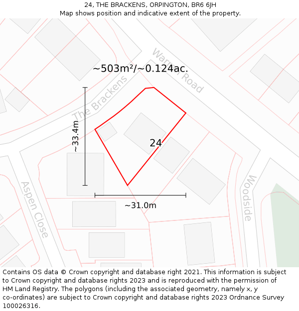 24, THE BRACKENS, ORPINGTON, BR6 6JH: Plot and title map