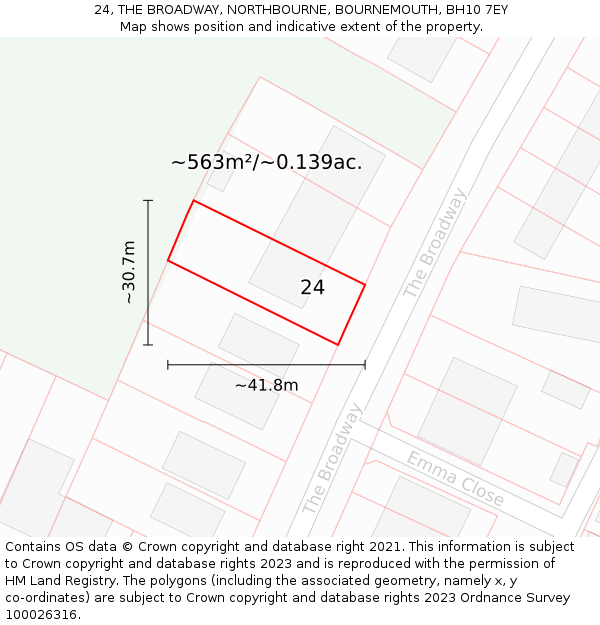 24, THE BROADWAY, NORTHBOURNE, BOURNEMOUTH, BH10 7EY: Plot and title map