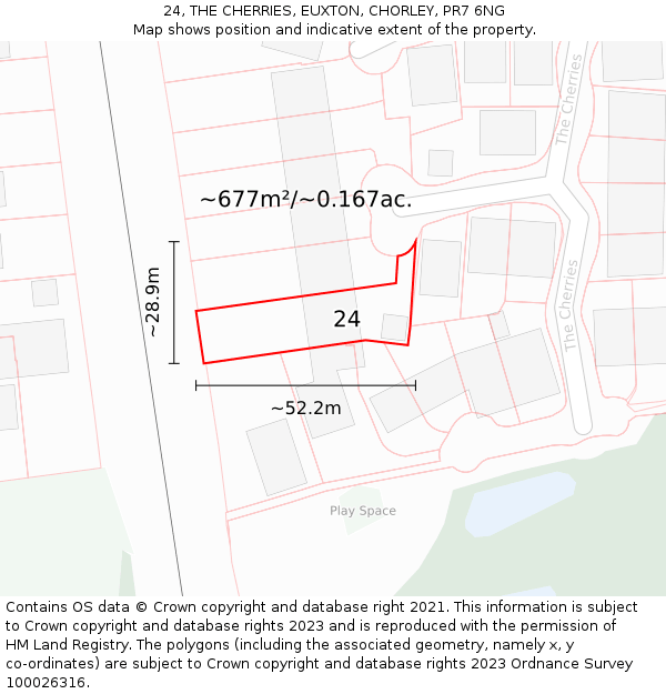24, THE CHERRIES, EUXTON, CHORLEY, PR7 6NG: Plot and title map