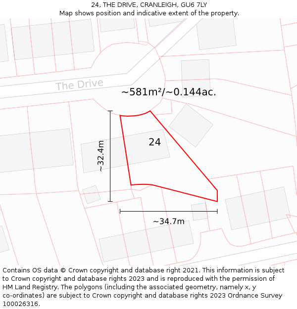 24, THE DRIVE, CRANLEIGH, GU6 7LY: Plot and title map