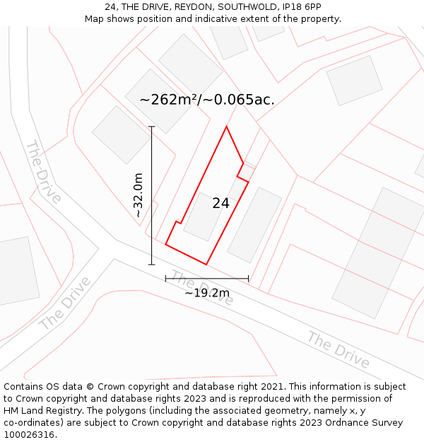 24, THE DRIVE, REYDON, SOUTHWOLD, IP18 6PP: Plot and title map