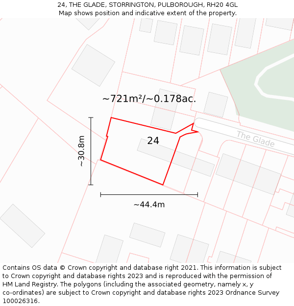24, THE GLADE, STORRINGTON, PULBOROUGH, RH20 4GL: Plot and title map