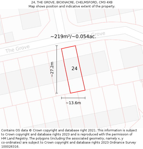 24, THE GROVE, BICKNACRE, CHELMSFORD, CM3 4XB: Plot and title map