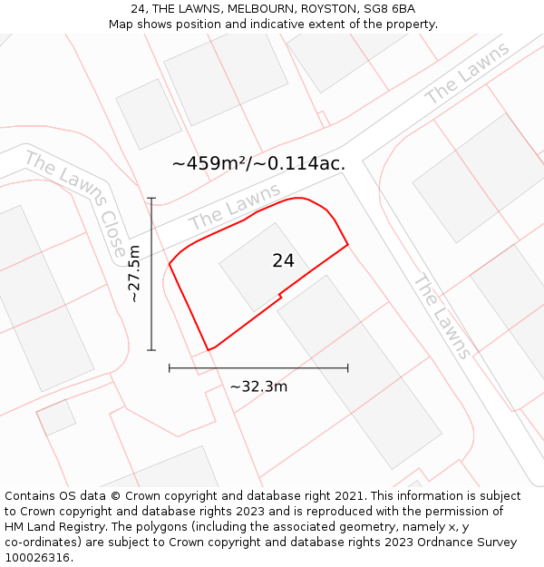 24, THE LAWNS, MELBOURN, ROYSTON, SG8 6BA: Plot and title map