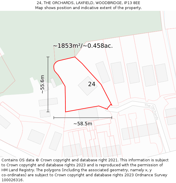 24, THE ORCHARDS, LAXFIELD, WOODBRIDGE, IP13 8EE: Plot and title map