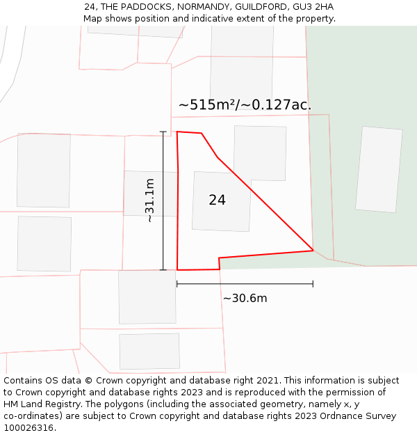 24, THE PADDOCKS, NORMANDY, GUILDFORD, GU3 2HA: Plot and title map