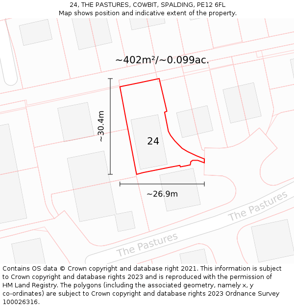 24, THE PASTURES, COWBIT, SPALDING, PE12 6FL: Plot and title map
