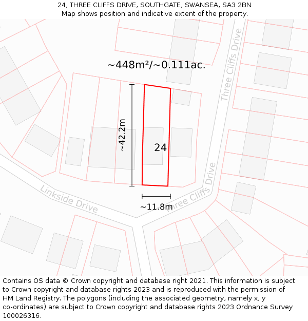 24, THREE CLIFFS DRIVE, SOUTHGATE, SWANSEA, SA3 2BN: Plot and title map