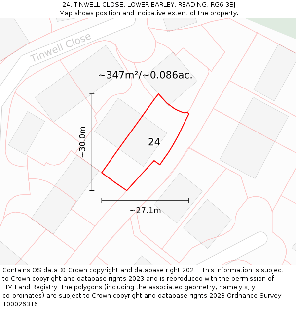 24, TINWELL CLOSE, LOWER EARLEY, READING, RG6 3BJ: Plot and title map