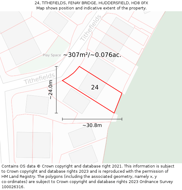 24, TITHEFIELDS, FENAY BRIDGE, HUDDERSFIELD, HD8 0FX: Plot and title map