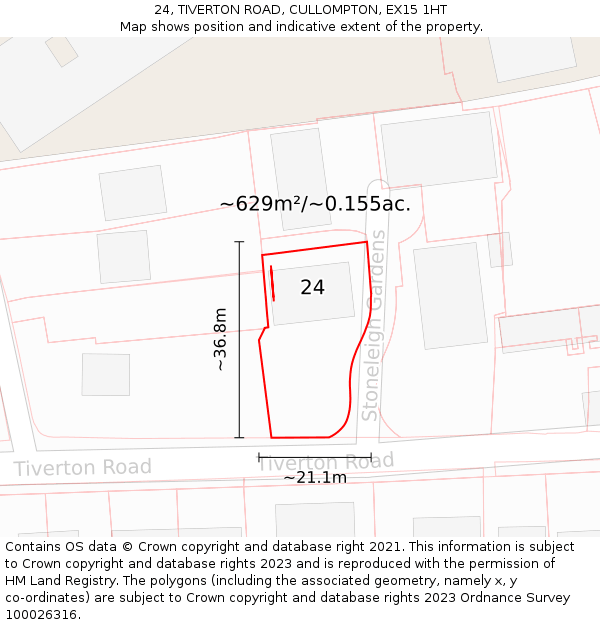 24, TIVERTON ROAD, CULLOMPTON, EX15 1HT: Plot and title map