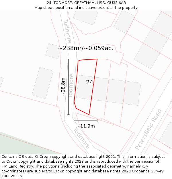 24, TODMORE, GREATHAM, LISS, GU33 6AR: Plot and title map