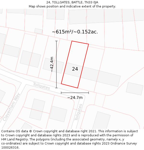 24, TOLLGATES, BATTLE, TN33 0JA: Plot and title map