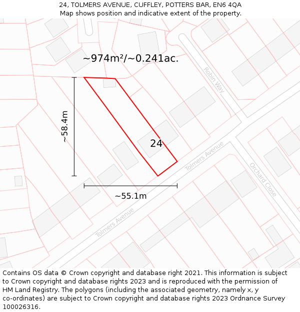 24, TOLMERS AVENUE, CUFFLEY, POTTERS BAR, EN6 4QA: Plot and title map