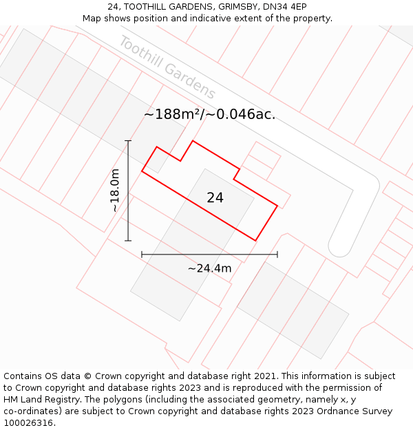 24, TOOTHILL GARDENS, GRIMSBY, DN34 4EP: Plot and title map