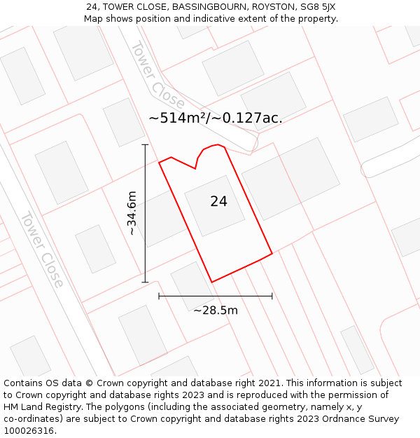 24, TOWER CLOSE, BASSINGBOURN, ROYSTON, SG8 5JX: Plot and title map
