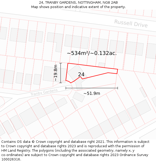24, TRANBY GARDENS, NOTTINGHAM, NG8 2AB: Plot and title map