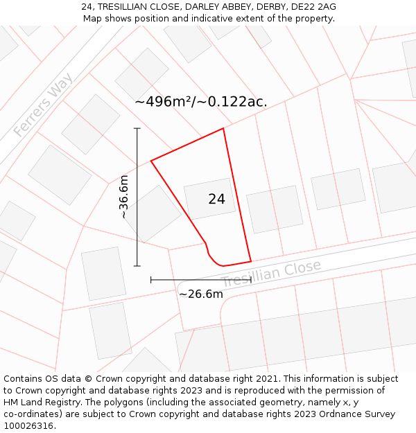 24, TRESILLIAN CLOSE, DARLEY ABBEY, DERBY, DE22 2AG: Plot and title map