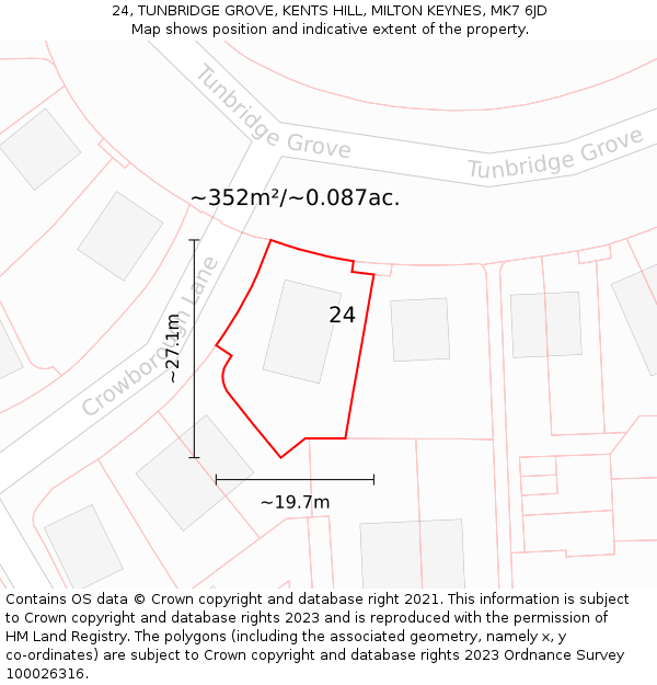 24, TUNBRIDGE GROVE, KENTS HILL, MILTON KEYNES, MK7 6JD: Plot and title map