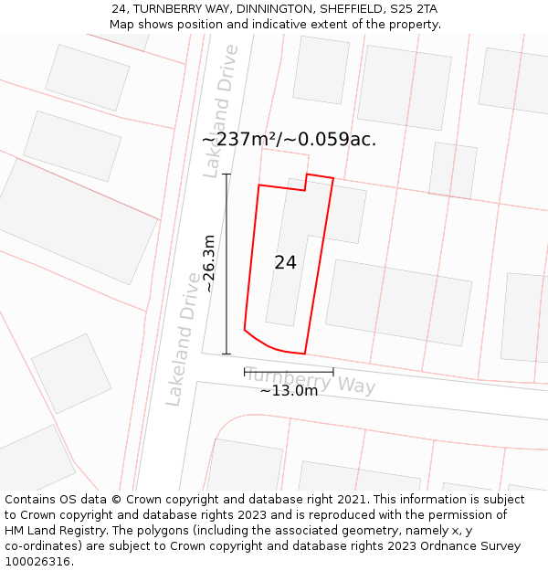 24, TURNBERRY WAY, DINNINGTON, SHEFFIELD, S25 2TA: Plot and title map
