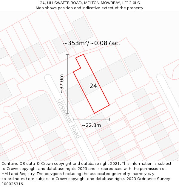 24, ULLSWATER ROAD, MELTON MOWBRAY, LE13 0LS: Plot and title map