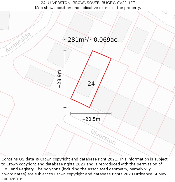 24, ULVERSTON, BROWNSOVER, RUGBY, CV21 1EE: Plot and title map