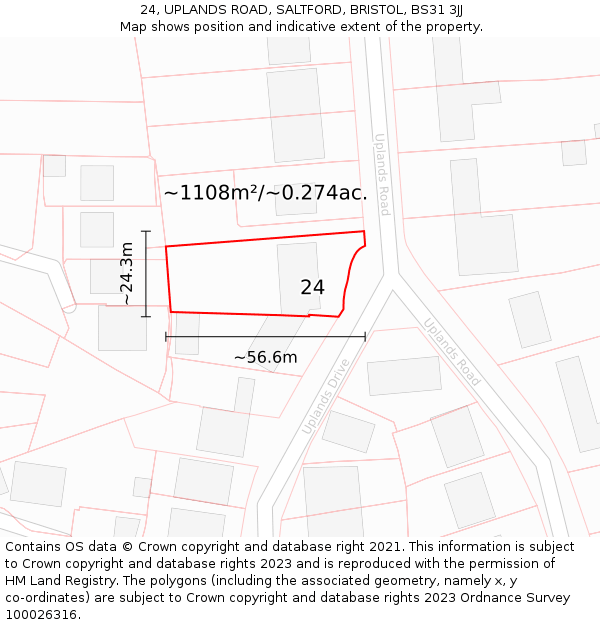 24, UPLANDS ROAD, SALTFORD, BRISTOL, BS31 3JJ: Plot and title map
