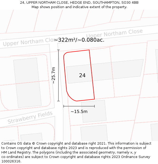 24, UPPER NORTHAM CLOSE, HEDGE END, SOUTHAMPTON, SO30 4BB: Plot and title map