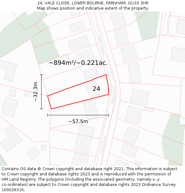 24, VALE CLOSE, LOWER BOURNE, FARNHAM, GU10 3HR: Plot and title map