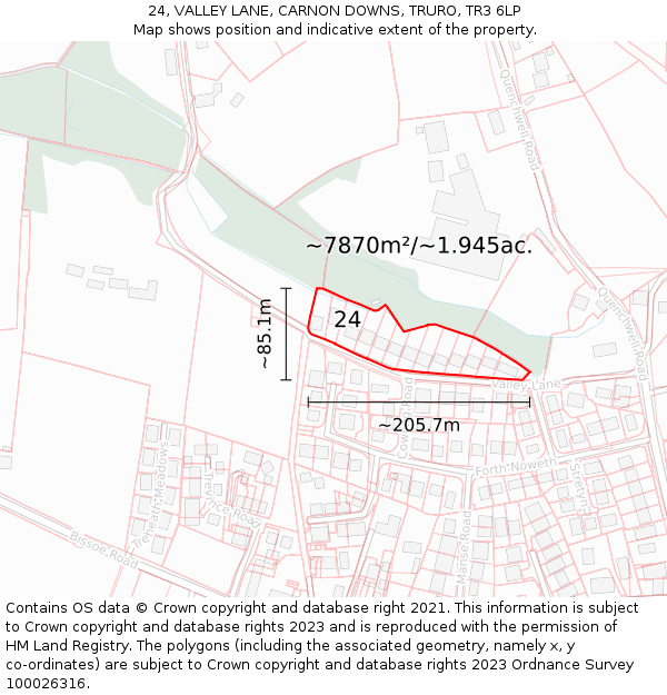 24, VALLEY LANE, CARNON DOWNS, TRURO, TR3 6LP: Plot and title map