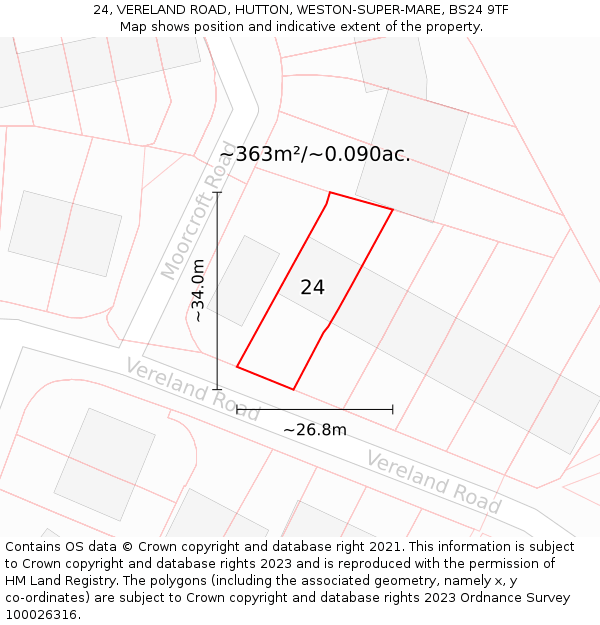 24, VERELAND ROAD, HUTTON, WESTON-SUPER-MARE, BS24 9TF: Plot and title map