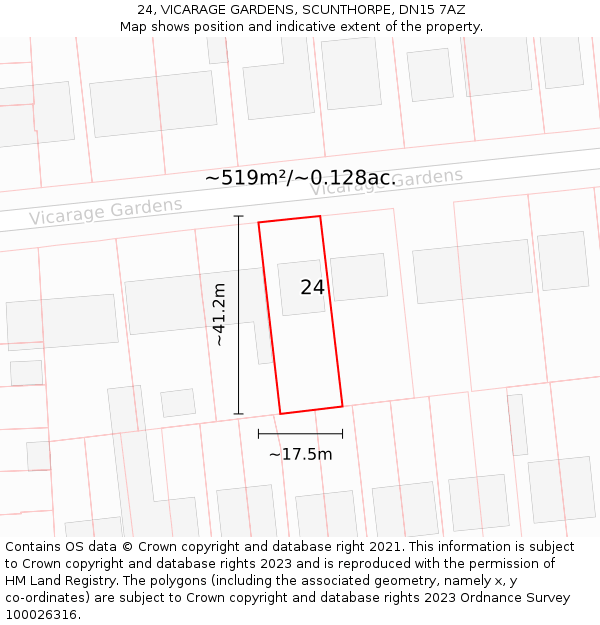 24, VICARAGE GARDENS, SCUNTHORPE, DN15 7AZ: Plot and title map