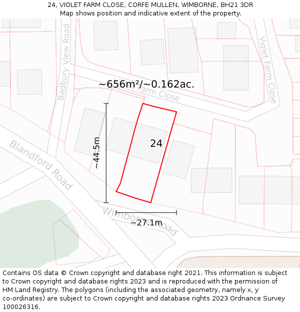 24, VIOLET FARM CLOSE, CORFE MULLEN, WIMBORNE, BH21 3DR: Plot and title map