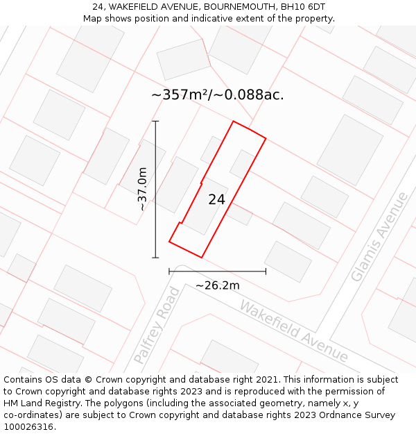 24, WAKEFIELD AVENUE, BOURNEMOUTH, BH10 6DT: Plot and title map