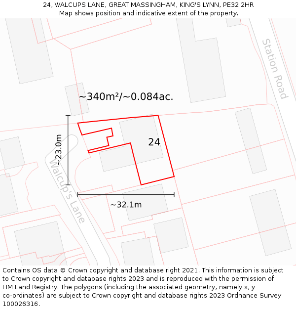 24, WALCUPS LANE, GREAT MASSINGHAM, KING'S LYNN, PE32 2HR: Plot and title map