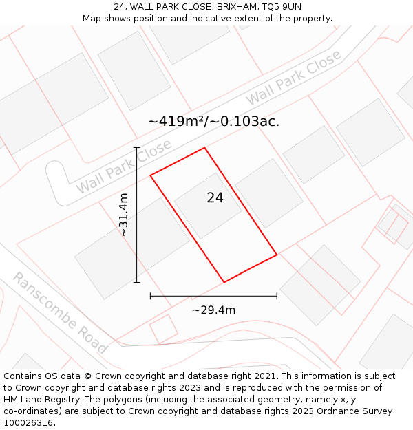 24, WALL PARK CLOSE, BRIXHAM, TQ5 9UN: Plot and title map