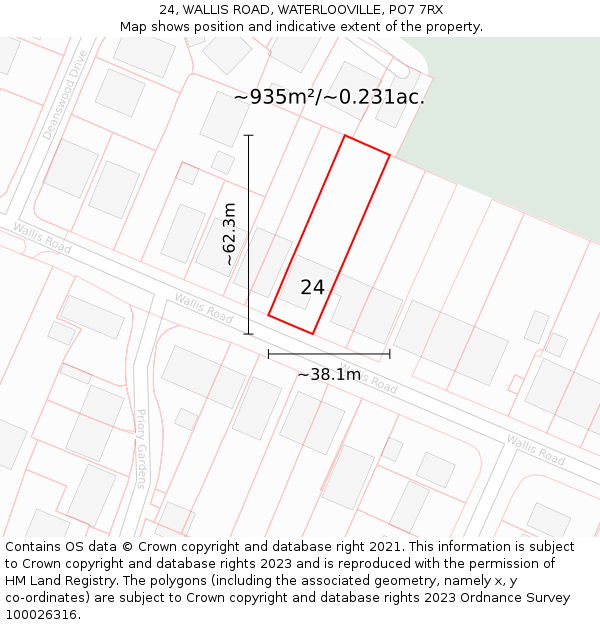 24, WALLIS ROAD, WATERLOOVILLE, PO7 7RX: Plot and title map