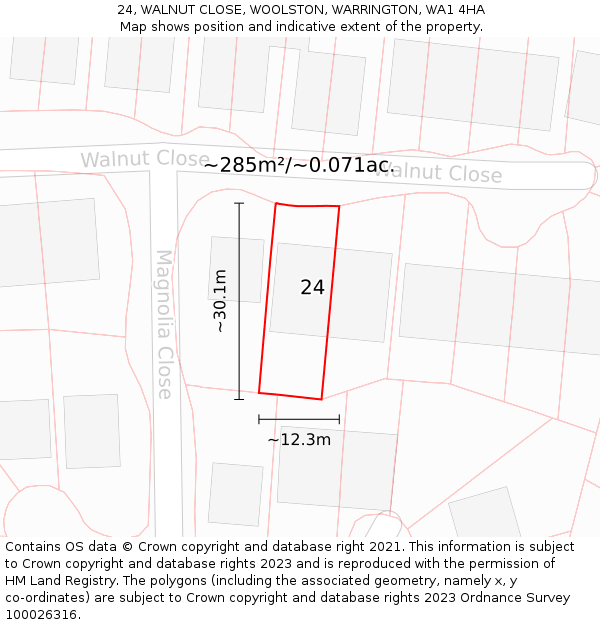 24, WALNUT CLOSE, WOOLSTON, WARRINGTON, WA1 4HA: Plot and title map