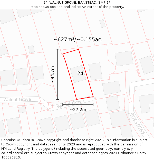 24, WALNUT GROVE, BANSTEAD, SM7 1PJ: Plot and title map