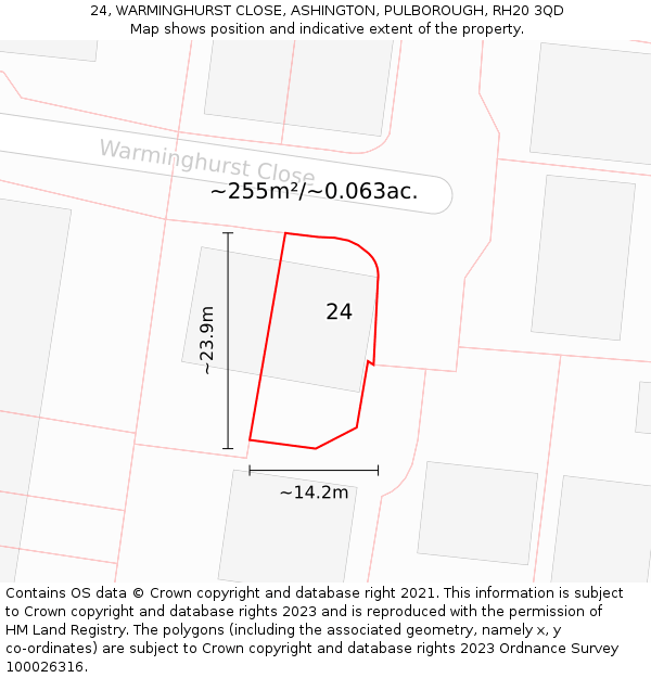 24, WARMINGHURST CLOSE, ASHINGTON, PULBOROUGH, RH20 3QD: Plot and title map