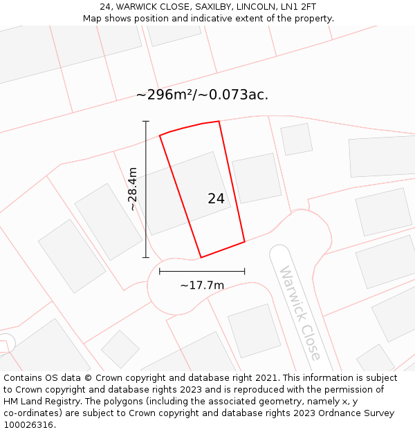 24, WARWICK CLOSE, SAXILBY, LINCOLN, LN1 2FT: Plot and title map