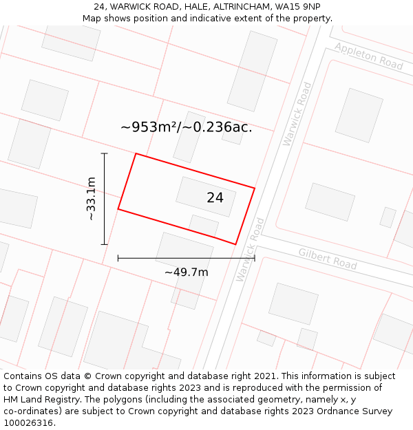 24, WARWICK ROAD, HALE, ALTRINCHAM, WA15 9NP: Plot and title map