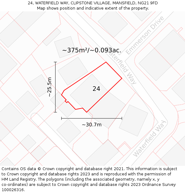 24, WATERFIELD WAY, CLIPSTONE VILLAGE, MANSFIELD, NG21 9FD: Plot and title map