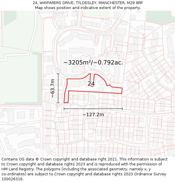 24, WAYFARERS DRIVE, TYLDESLEY, MANCHESTER, M29 8RP: Plot and title map