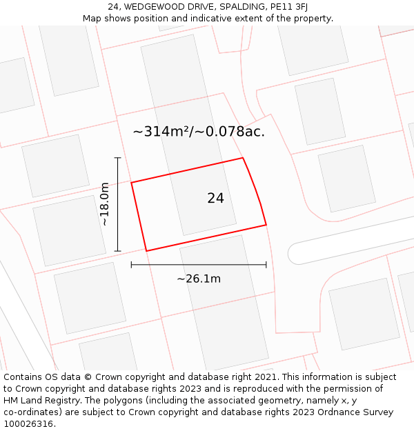 24, WEDGEWOOD DRIVE, SPALDING, PE11 3FJ: Plot and title map